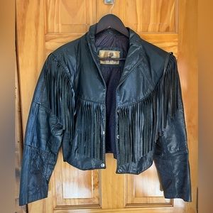 Vintage Black Fringed real motorcycle jacket shoulder pads tough weatherproof s